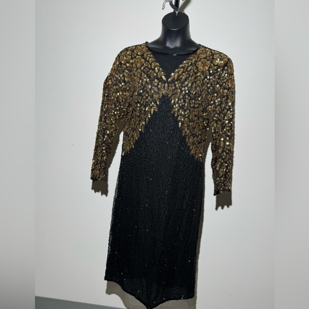 Vintage Mark & John II Black Gold Beaded Formal Evening Dress 3/4 Sleeve